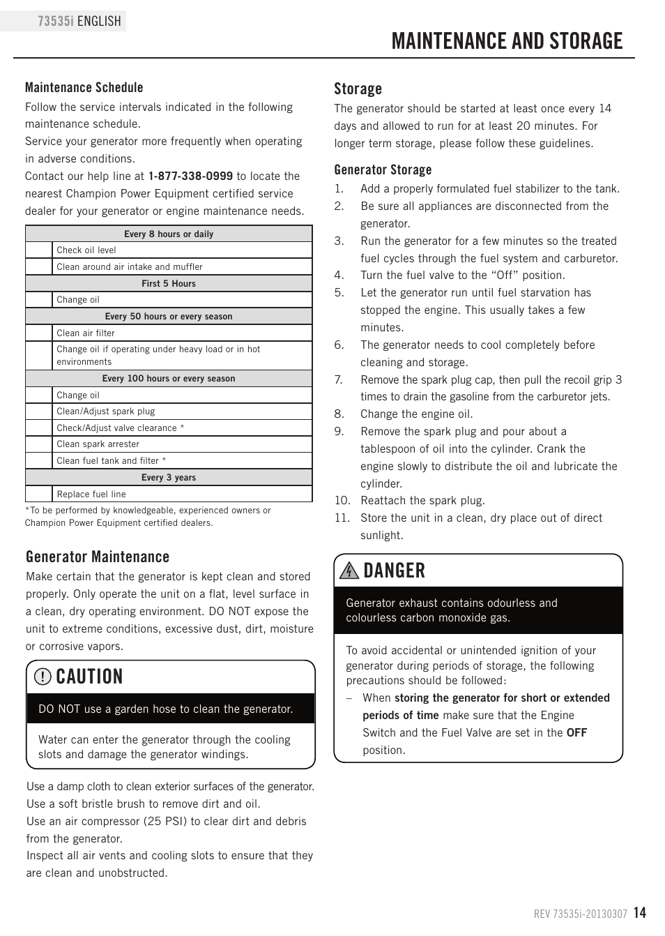 Maintenance and storage, Caution, Danger | Storage, Generator maintenance | Champion Power Equipment 73535i User Manual | Page 17 / 28