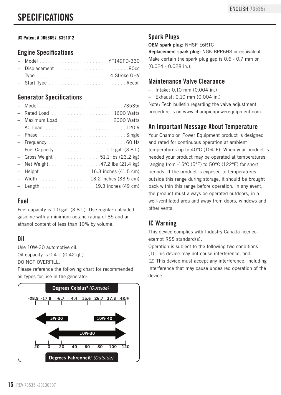 Specifications, Fuel, Maintenance valve clearance | Spark plugs, Generator specifications, Engine specifications, Ic warning, An important message about temperature | Champion Power Equipment 73535i User Manual | Page 18 / 28