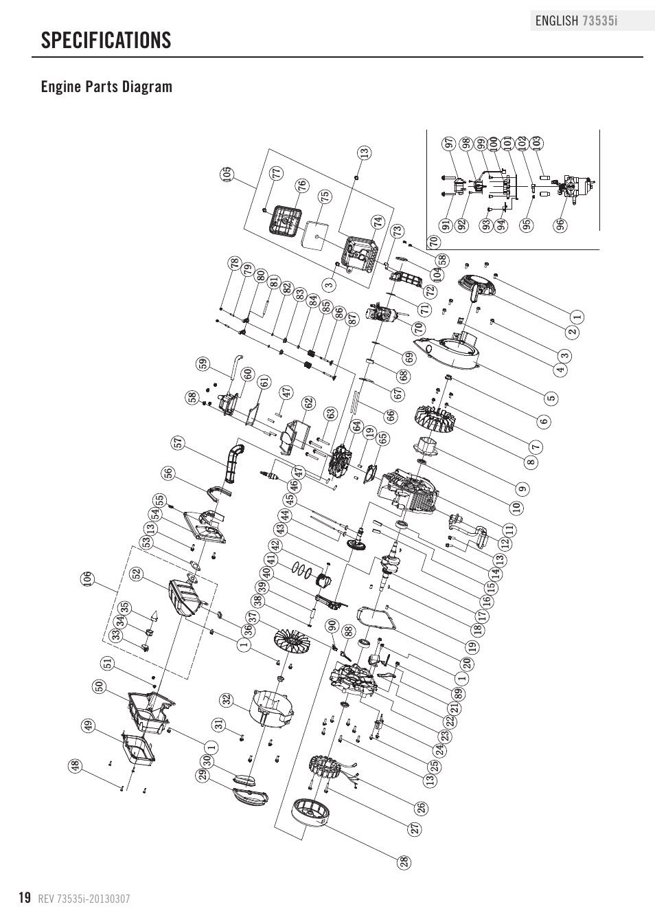 Specifications, Engine parts diagram | Champion Power Equipment 73535i User Manual | Page 22 / 28