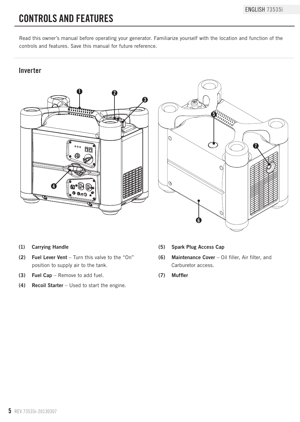 Controls and features, Inverter | Champion Power Equipment 73535i User Manual | Page 8 / 28