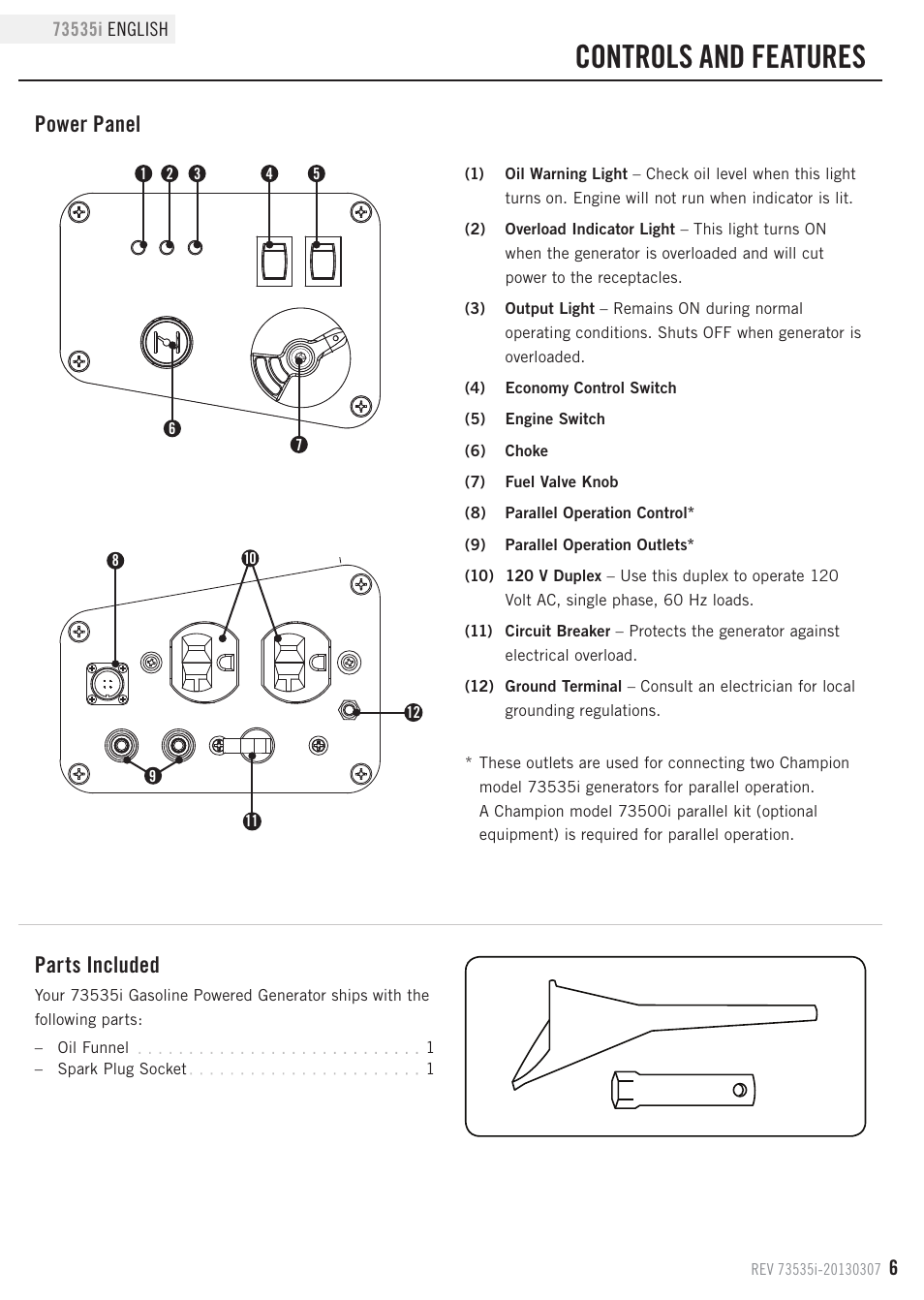 Controls and features, Power panel, Parts included | Champion Power Equipment 73535i User Manual | Page 9 / 28