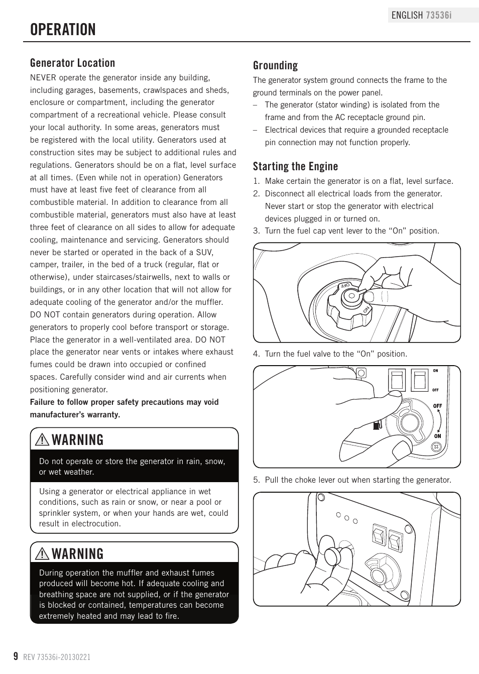 Operation, Warning, Generator location | Starting the engine, Grounding | Champion Power Equipment 73536i User Manual | Page 12 / 30