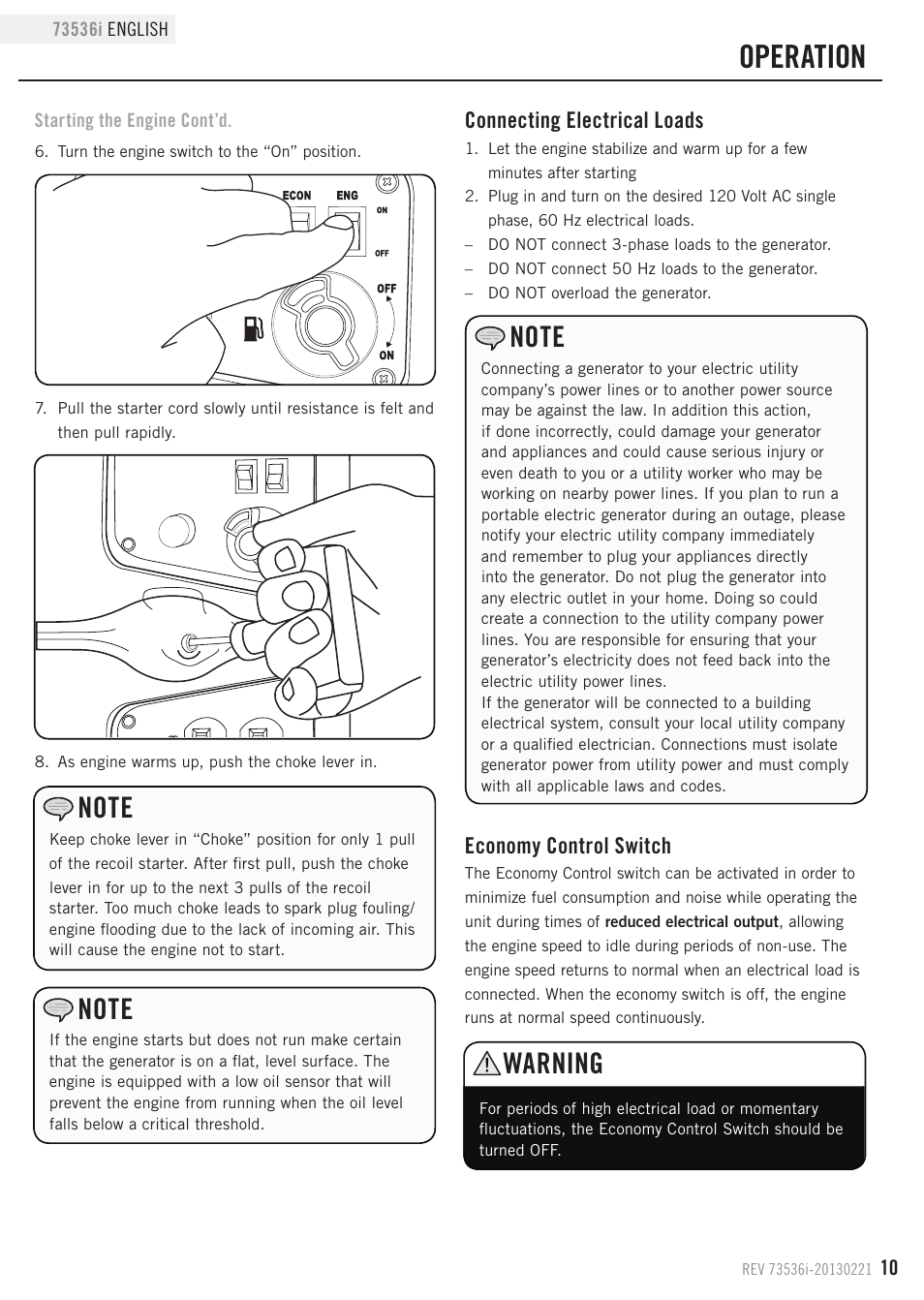 Operation, Warning, Economy control switch | Connecting electrical loads | Champion Power Equipment 73536i User Manual | Page 13 / 30