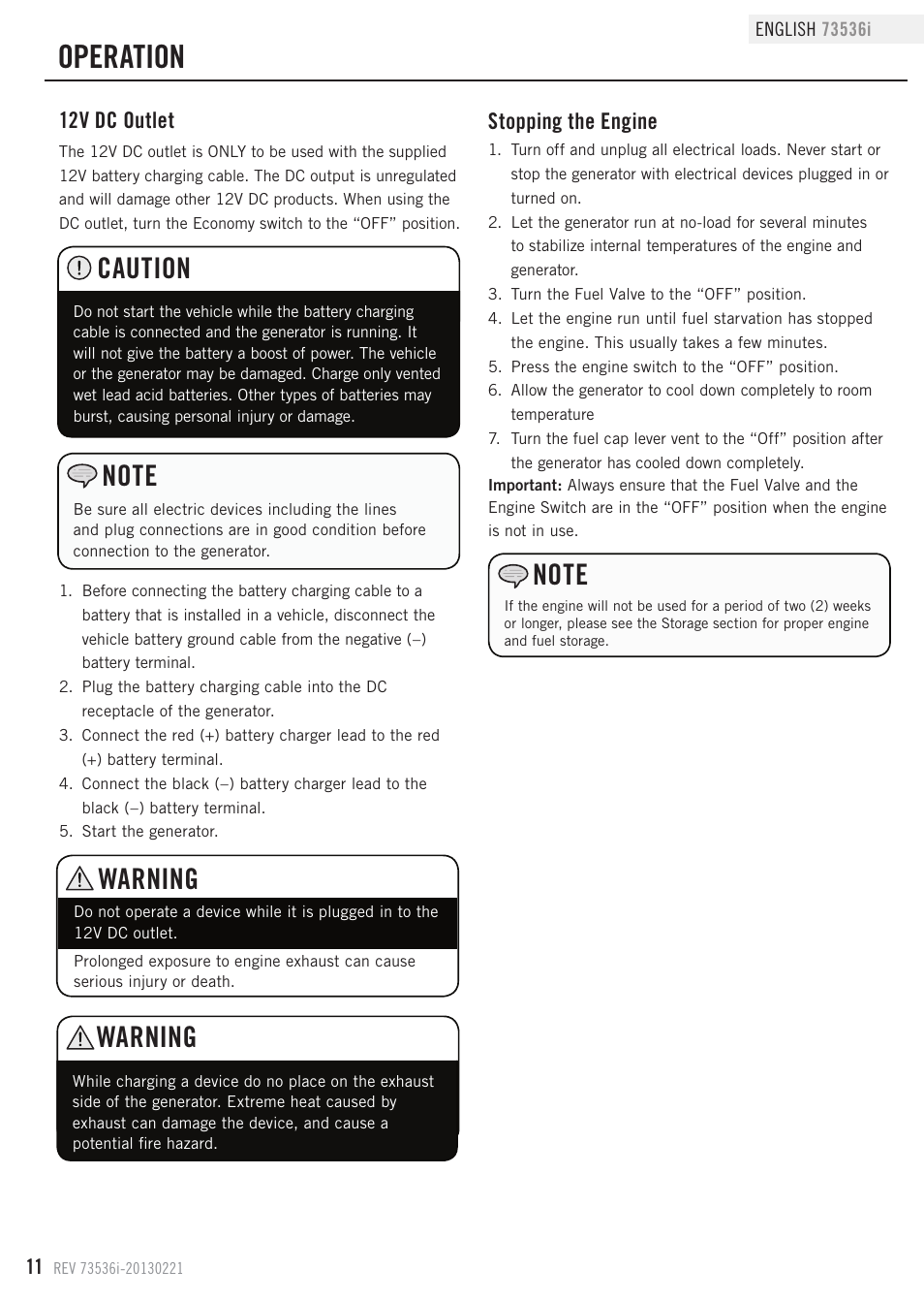 Operation, Caution, Warning | Stopping the engine, 12v dc outlet | Champion Power Equipment 73536i User Manual | Page 14 / 30