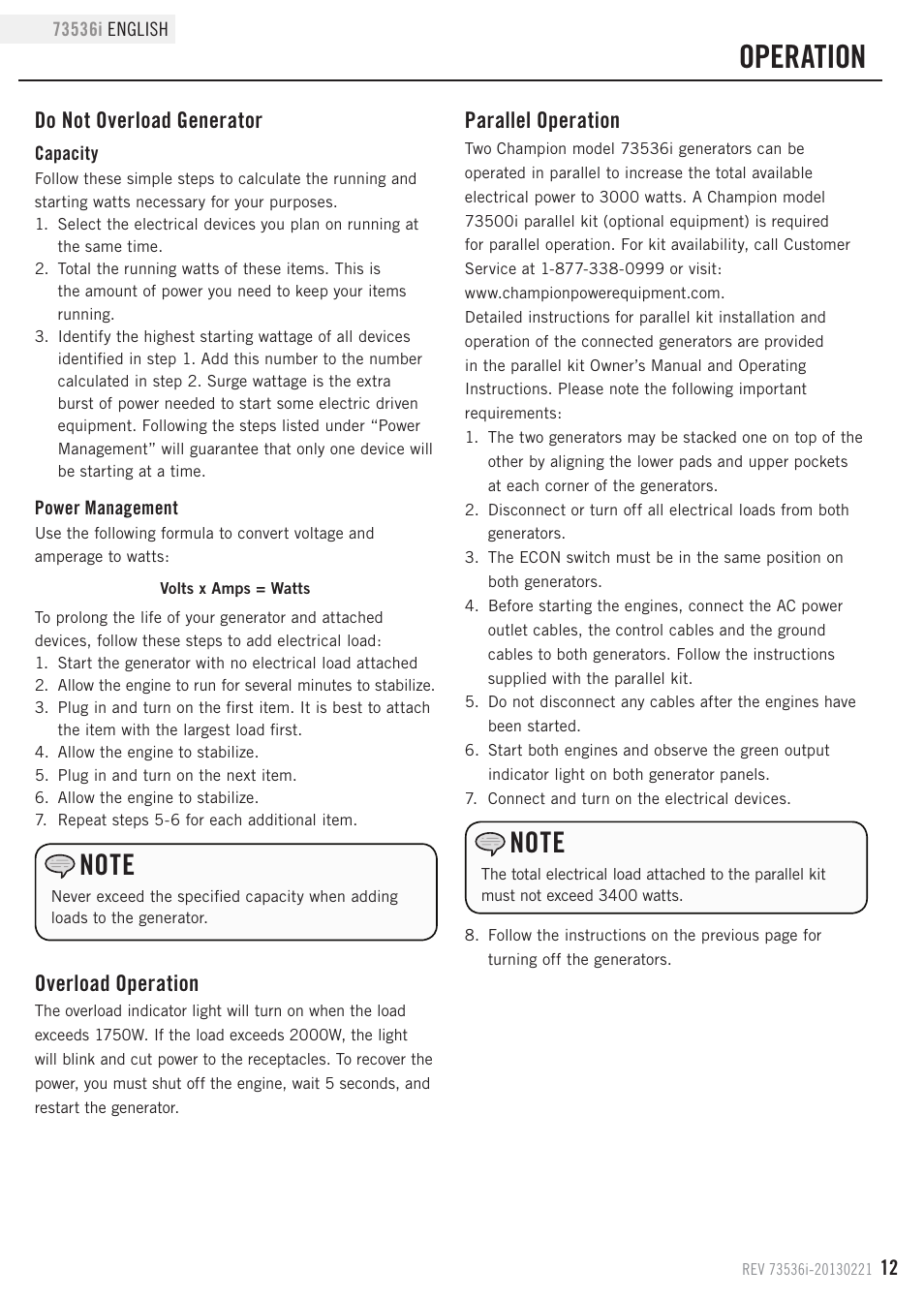 Operation, Do not overload generator, Overload operation | Parallel operation | Champion Power Equipment 73536i User Manual | Page 15 / 30