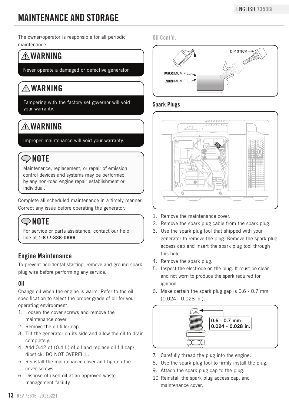 Maintenance and storage, Warning, Engine maintenance | Champion Power Equipment 73536i User Manual | Page 16 / 30