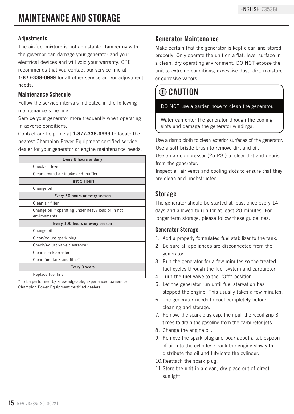 Maintenance and storage, Caution, Generator maintenance | Storage | Champion Power Equipment 73536i User Manual | Page 18 / 30