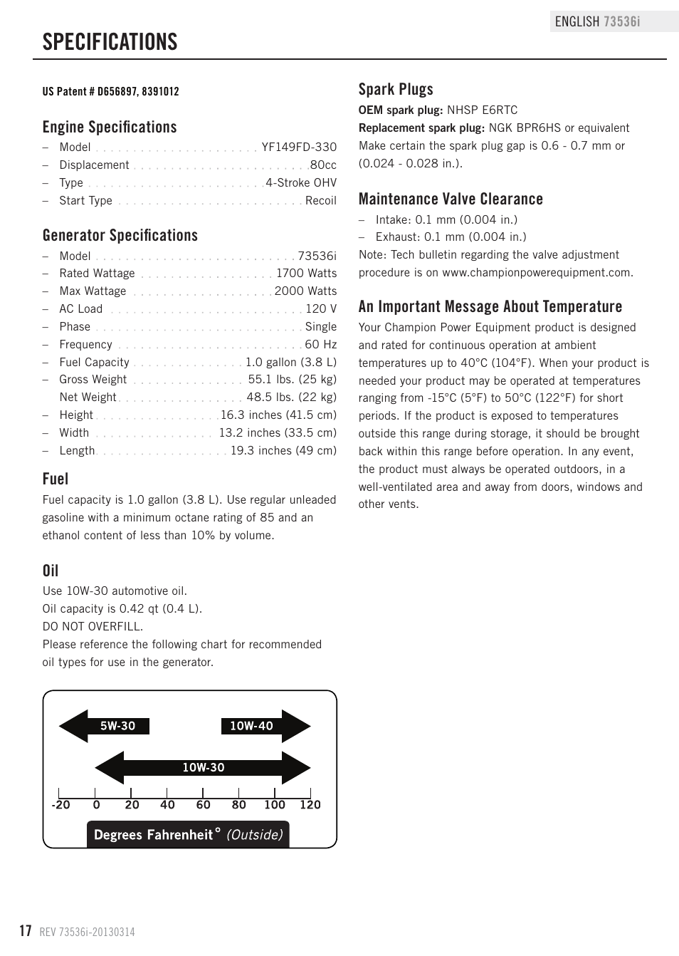 Specifications, Fuel, Generator specifications | Engine specifications, Maintenance valve clearance, Spark plugs, An important message about temperature | Champion Power Equipment 73536i User Manual | Page 20 / 30