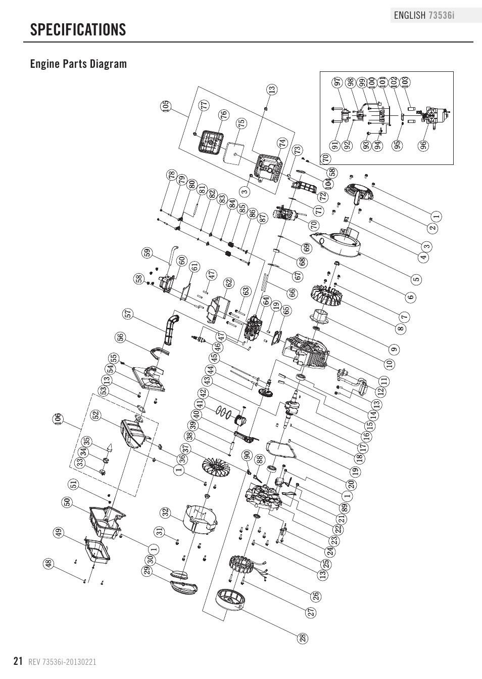 Specifications, Engine parts diagram | Champion Power Equipment 73536i User Manual | Page 24 / 30