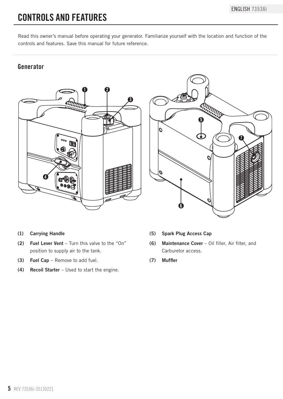 Controls and features, Generator | Champion Power Equipment 73536i User Manual | Page 8 / 30