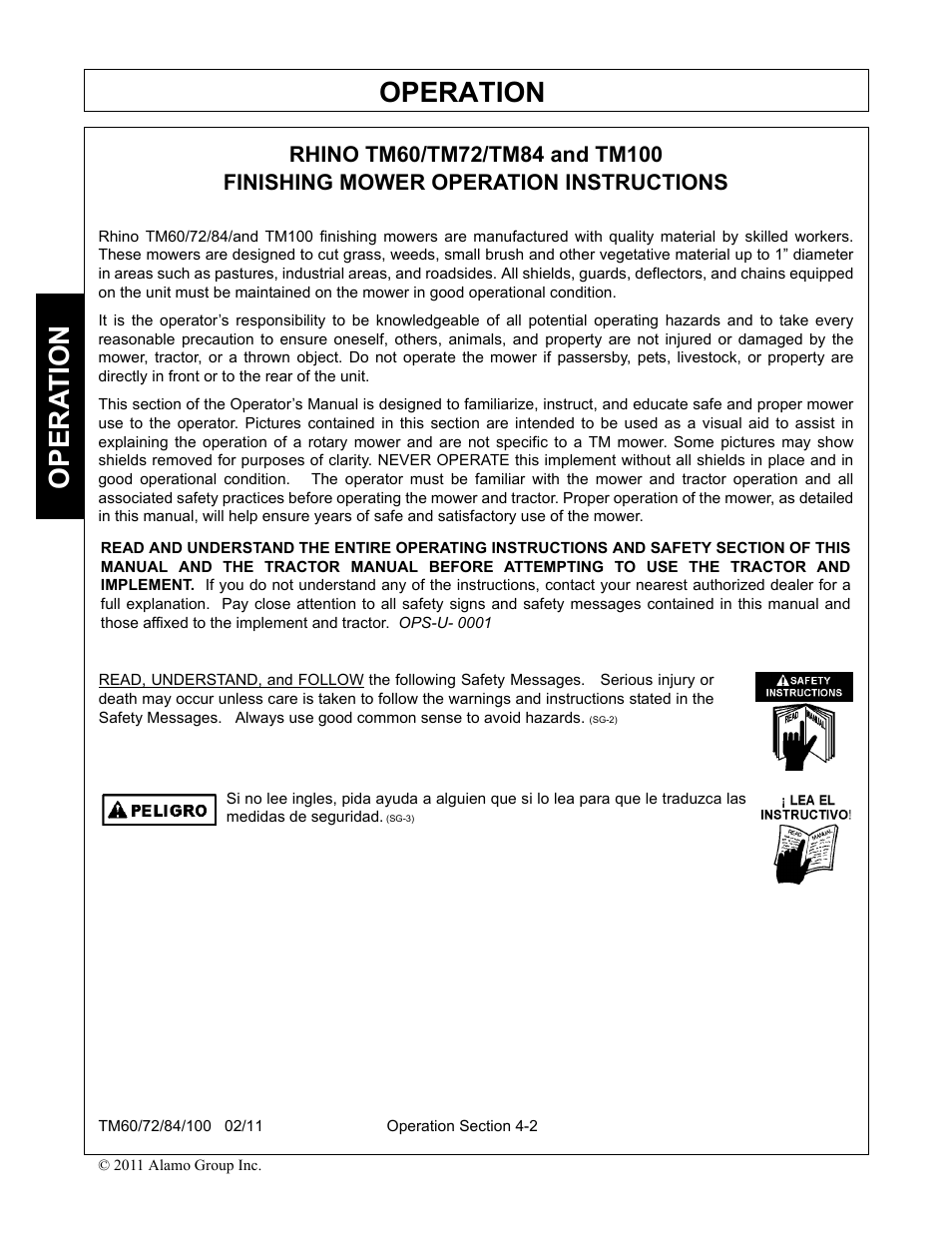 Rhino tm60/tm72/tm84 and tm100, Finishing mower operation instructions, Operation | Opera t ion | Blue Rhino TM72 User Manual | Page 100 / 156