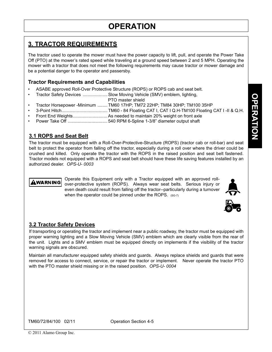 Tractor requirements, Tractor requirements and capabilities, 1 rops and seat belt | 2 tractor safety devices, Operation, Opera t ion | Blue Rhino TM72 User Manual | Page 103 / 156
