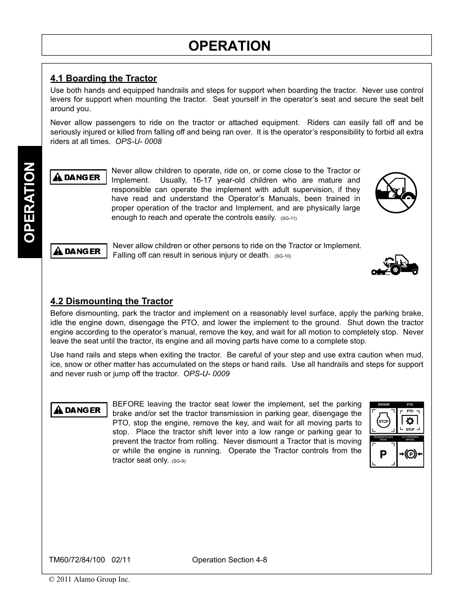 1 boarding the tractor, 2 dismounting the tractor, Boarding the tractor -8 dismounting the tractor -8 | Operation, Opera t ion | Blue Rhino TM72 User Manual | Page 106 / 156