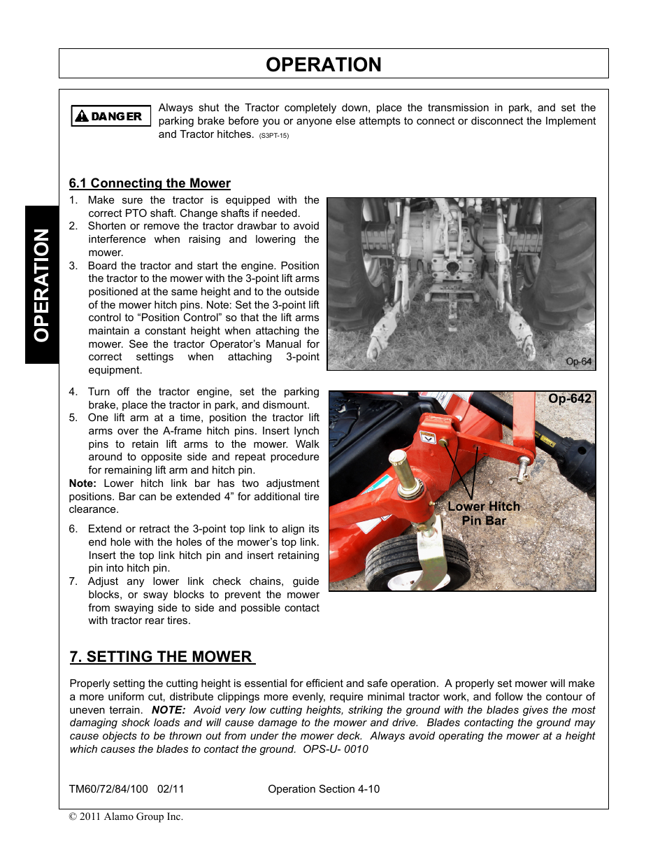 1 connecting the mower, Setting the mower, Connecting the mower -10 setting the mower -10 | Operation, Opera t ion | Blue Rhino TM72 User Manual | Page 108 / 156