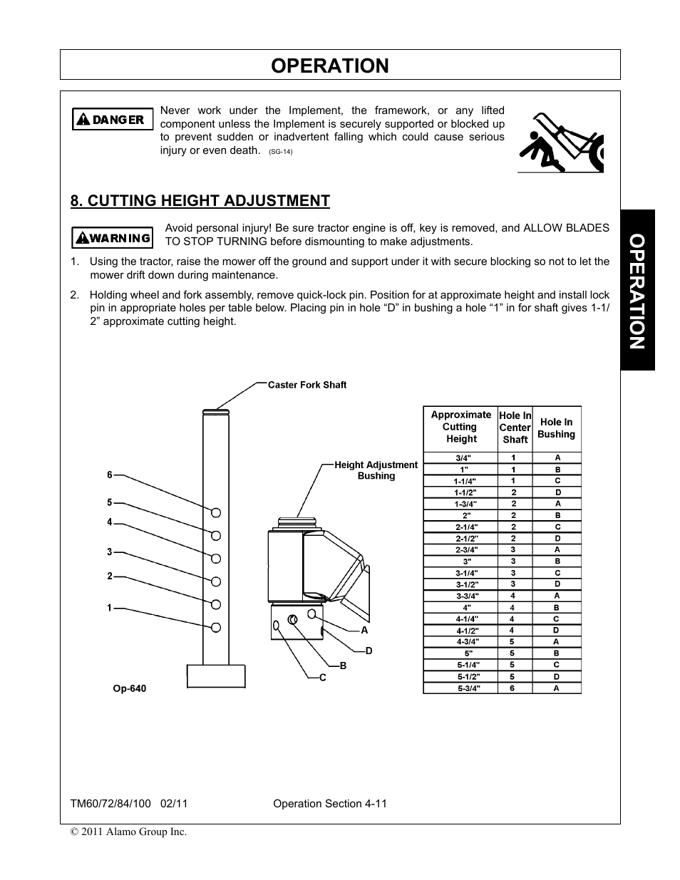 Cutting height adjustment, Cutting height adjustment -11, Operation | Opera t ion | Blue Rhino TM72 User Manual | Page 109 / 156