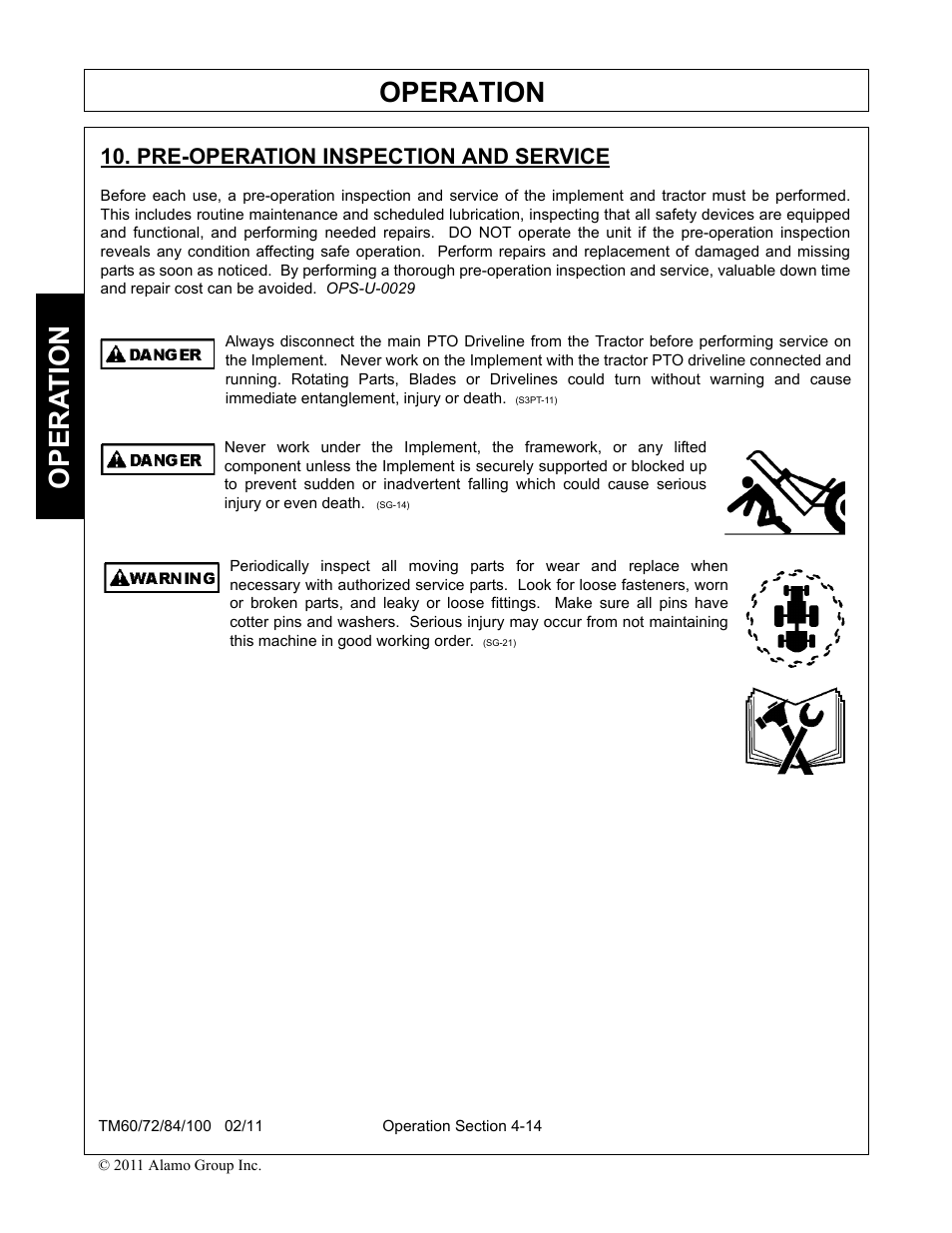 Pre-operation inspection and service, Pre-operation inspection and service -14, Operation | Opera t ion | Blue Rhino TM72 User Manual | Page 112 / 156