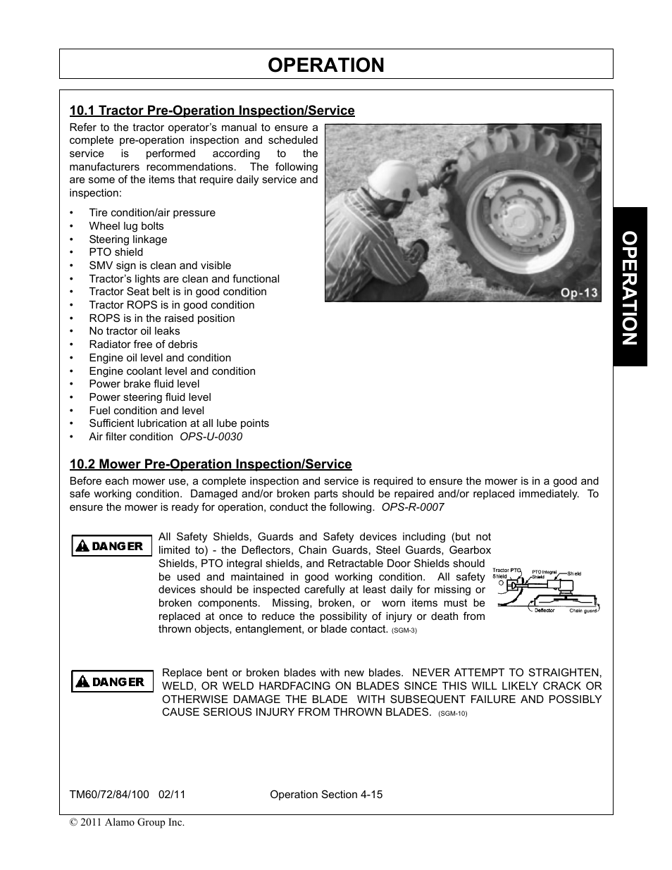 1 tractor pre-operation inspection/service, 2 mower pre-operation inspection/service, Operation | Opera t ion | Blue Rhino TM72 User Manual | Page 113 / 156