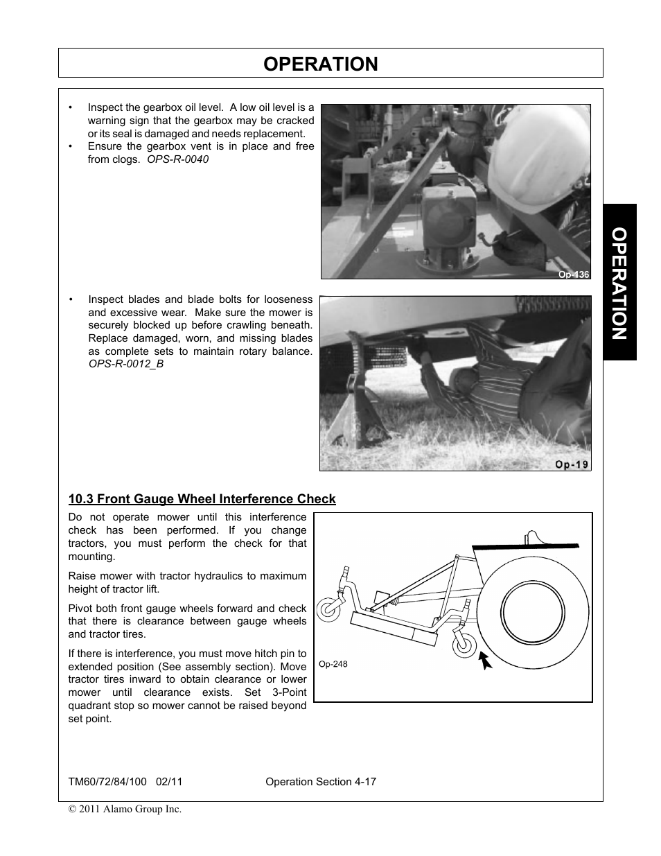 3 front gauge wheel interference check, Front gauge wheel interference check -17, Operation | Opera t ion | Blue Rhino TM72 User Manual | Page 115 / 156