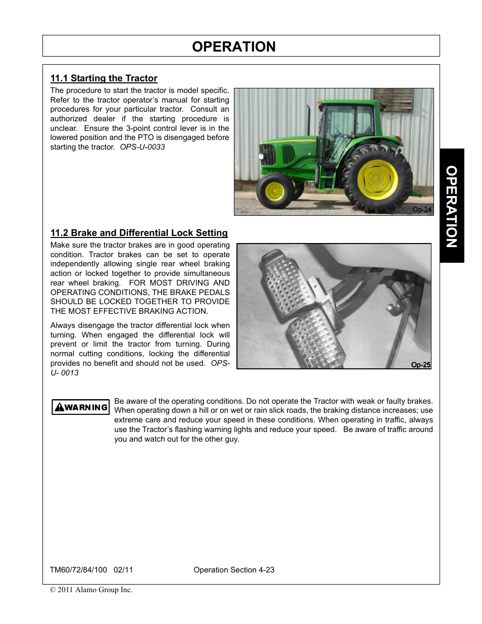 1 starting the tractor, 2 brake and differential lock setting, Operation | Opera t ion | Blue Rhino TM72 User Manual | Page 121 / 156