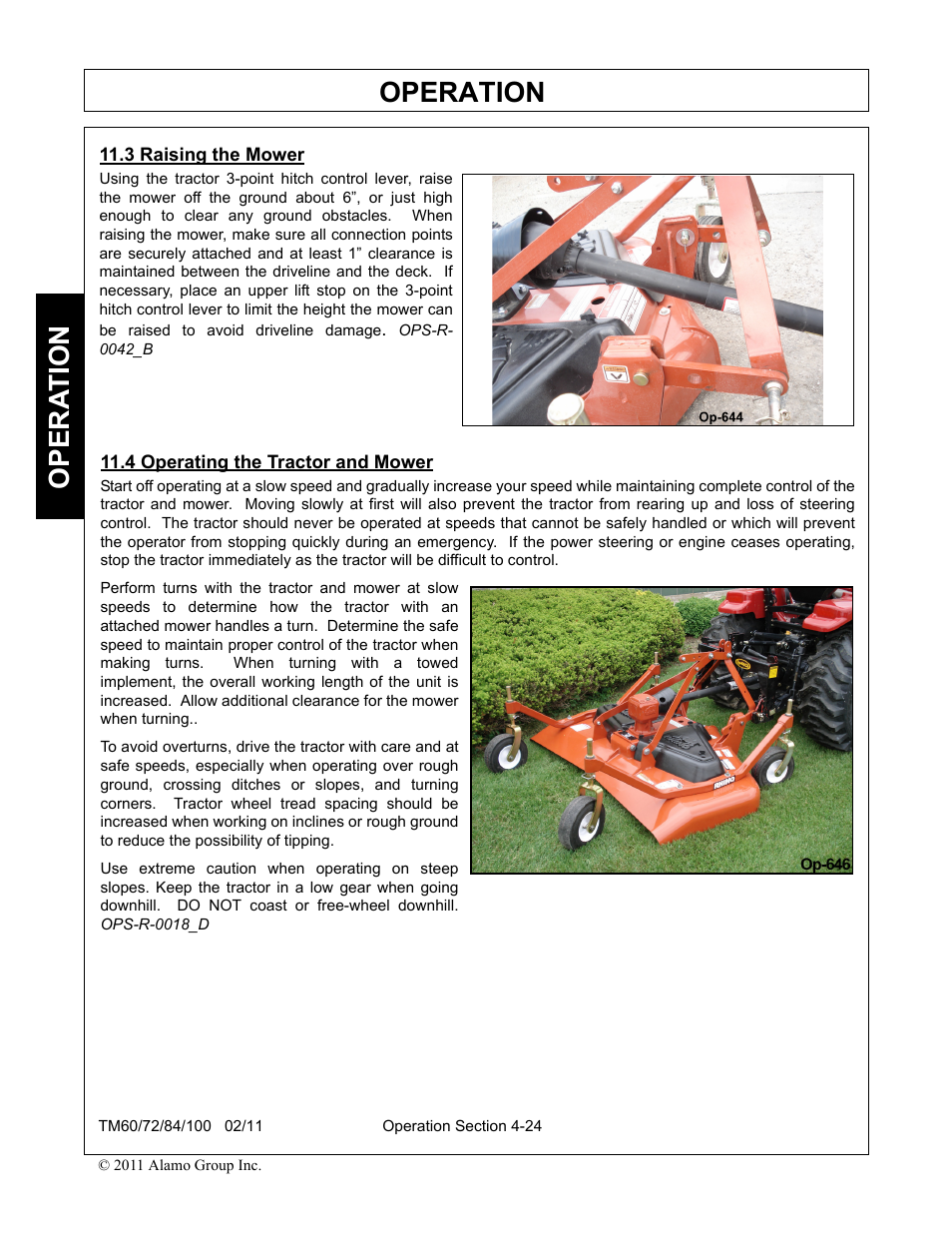 3 raising the mower, 4 operating the tractor and mower, Operation | Opera t ion | Blue Rhino TM72 User Manual | Page 122 / 156