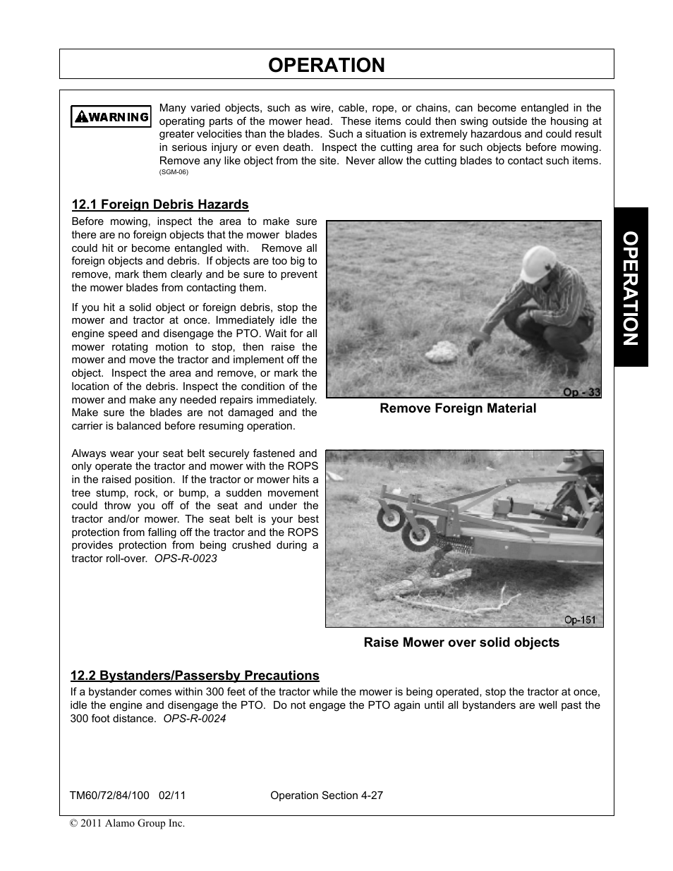 1 foreign debris hazards, 2 bystanders/passersby precautions, Operation | Opera t ion | Blue Rhino TM72 User Manual | Page 125 / 156