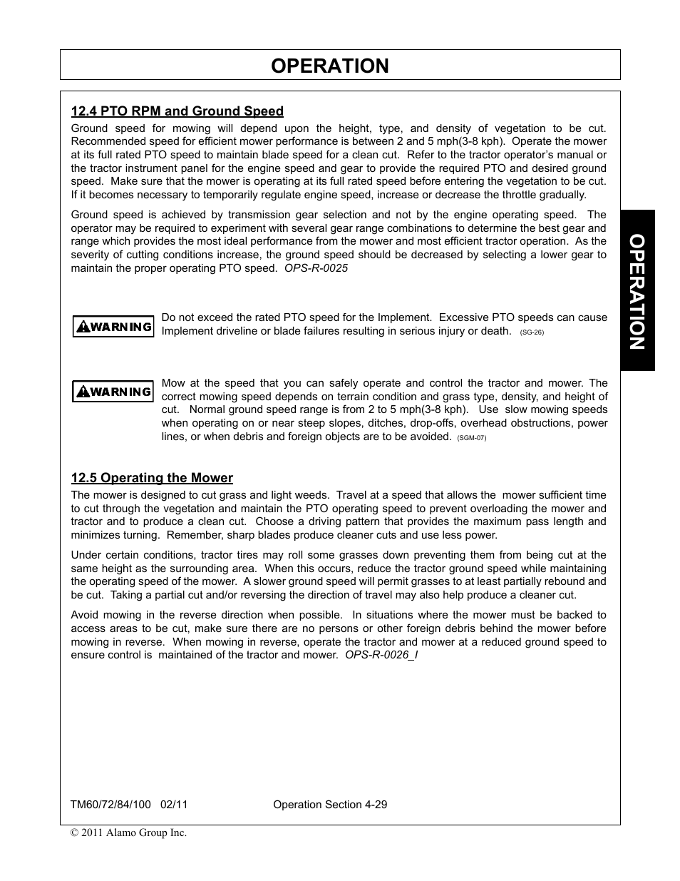 4 pto rpm and ground speed, 5 operating the mower, Operation | Opera t ion | Blue Rhino TM72 User Manual | Page 127 / 156