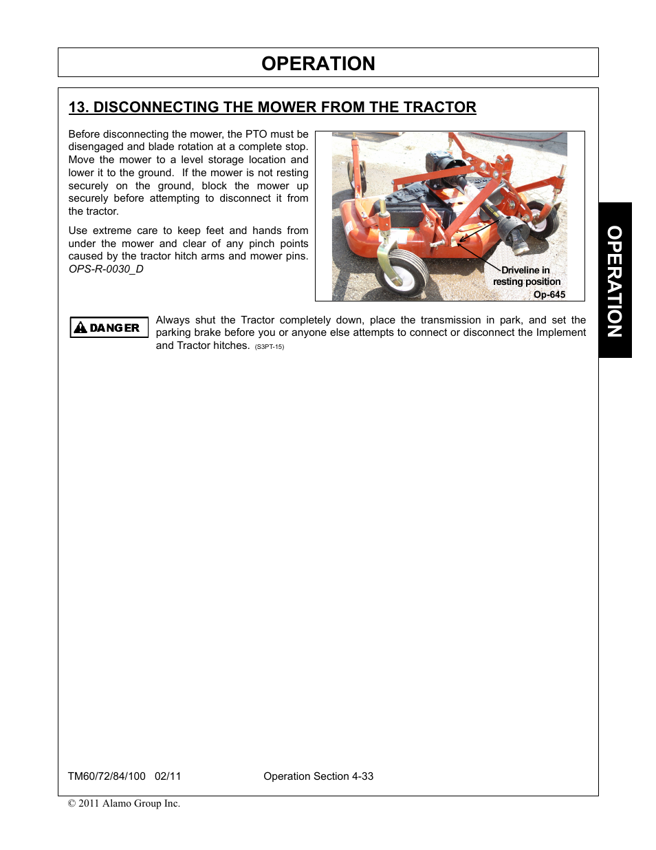 Disconnecting the mower from the tractor, Disconnecting the mower from the tractor -33, Operation | Opera t ion | Blue Rhino TM72 User Manual | Page 131 / 156