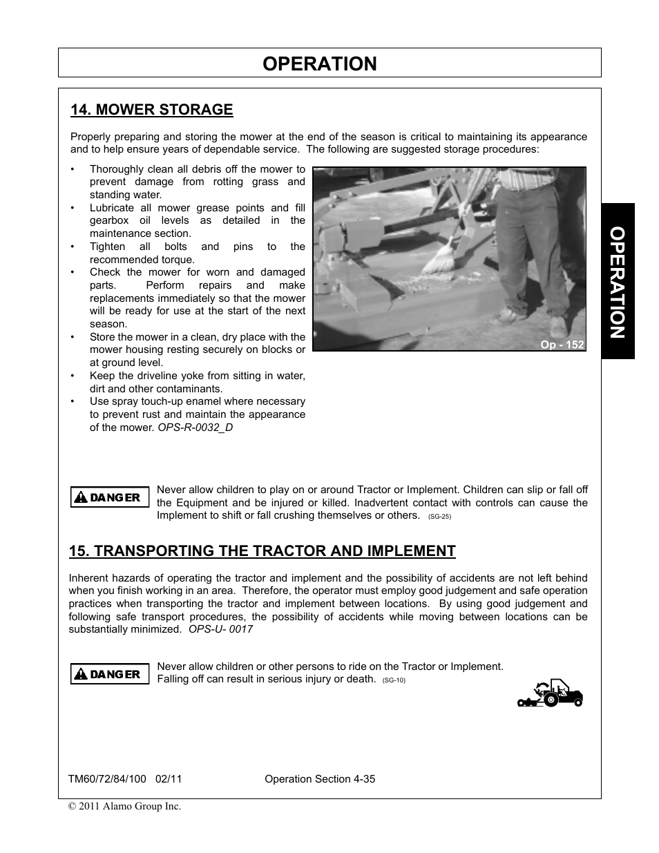 Mower storage, Transporting the tractor and implement, Operation | Opera t ion | Blue Rhino TM72 User Manual | Page 133 / 156
