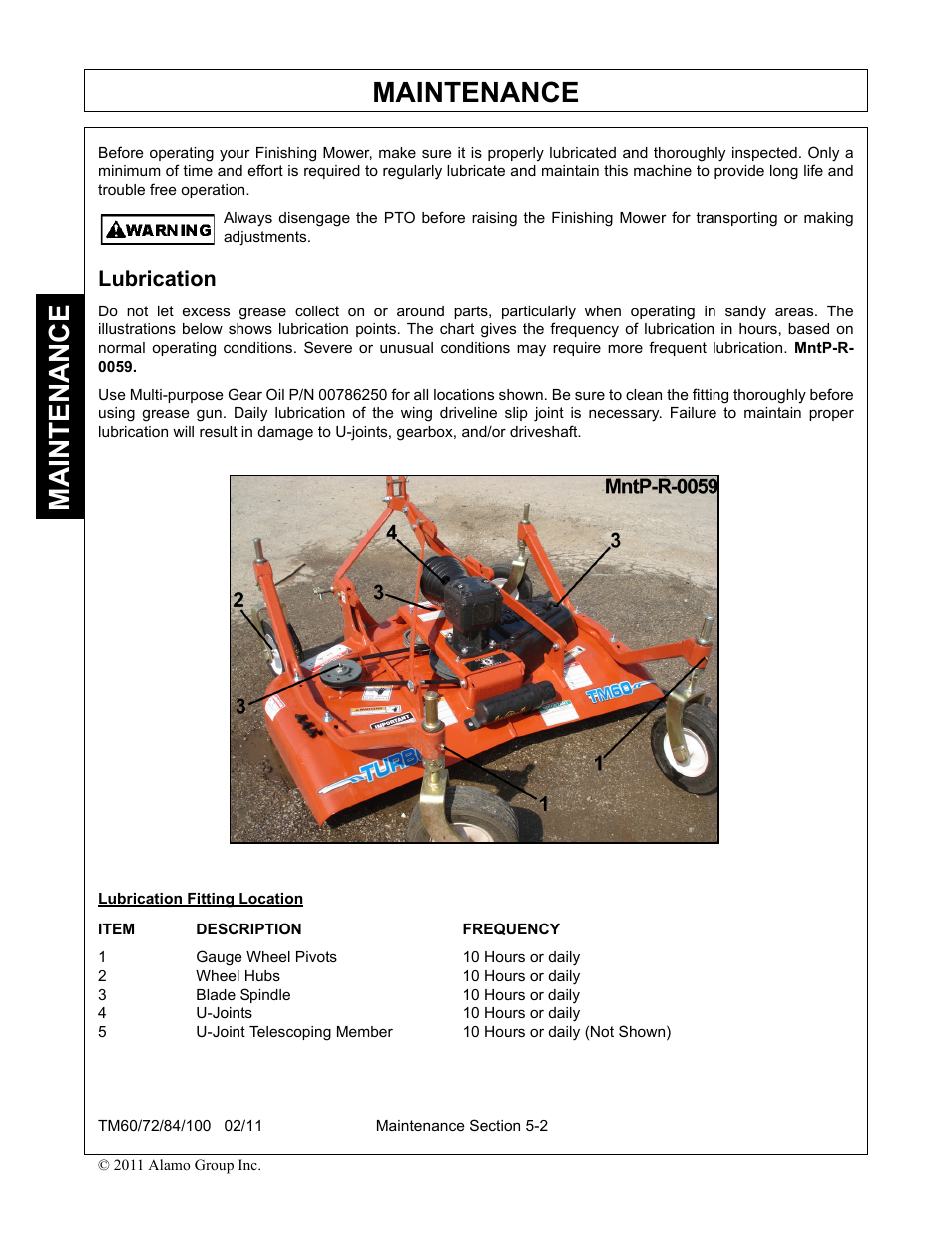 Lubrication, 1 gauge wheel pivots 10 hours or daily, 2 wheel hubs 10 hours or daily | 3 blade spindle 10 hours or daily, 4 u-joints 10 hours or daily, Lubrication -2, Maintenance | Blue Rhino TM72 User Manual | Page 142 / 156
