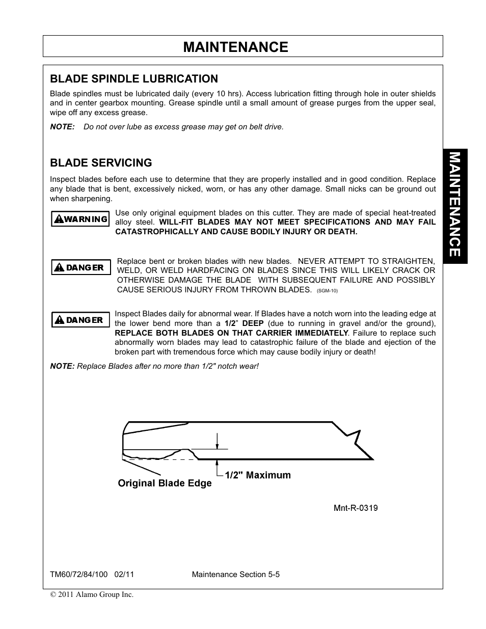 Blade spindle lubrication, Blade servicing, Blade spindle lubrication -5 blade servicing -5 | Maintenance | Blue Rhino TM72 User Manual | Page 145 / 156