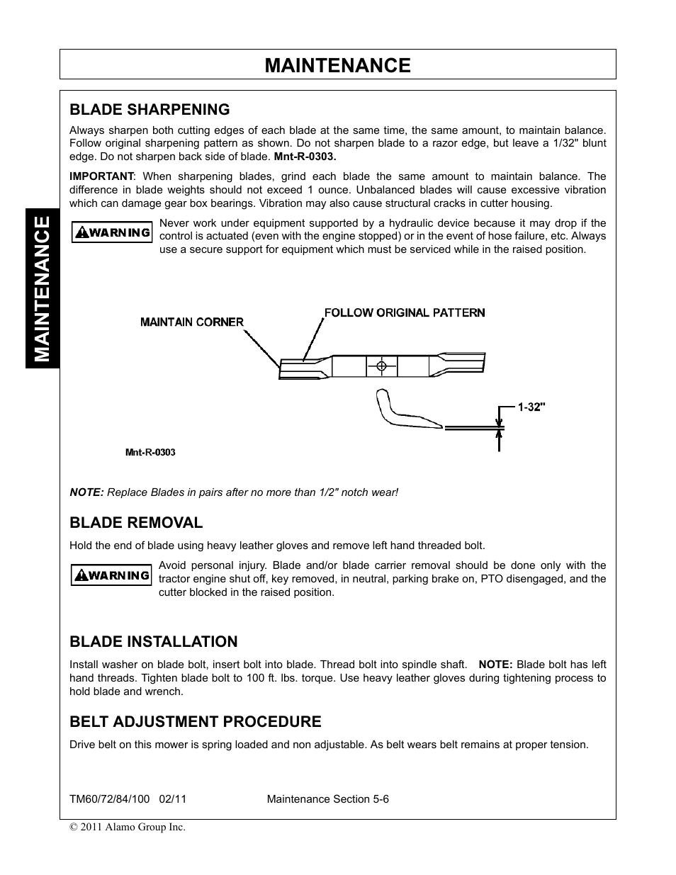 Blade sharpening, Blade removal, Blade installation | Belt adjustment procedure, Maintenance | Blue Rhino TM72 User Manual | Page 146 / 156
