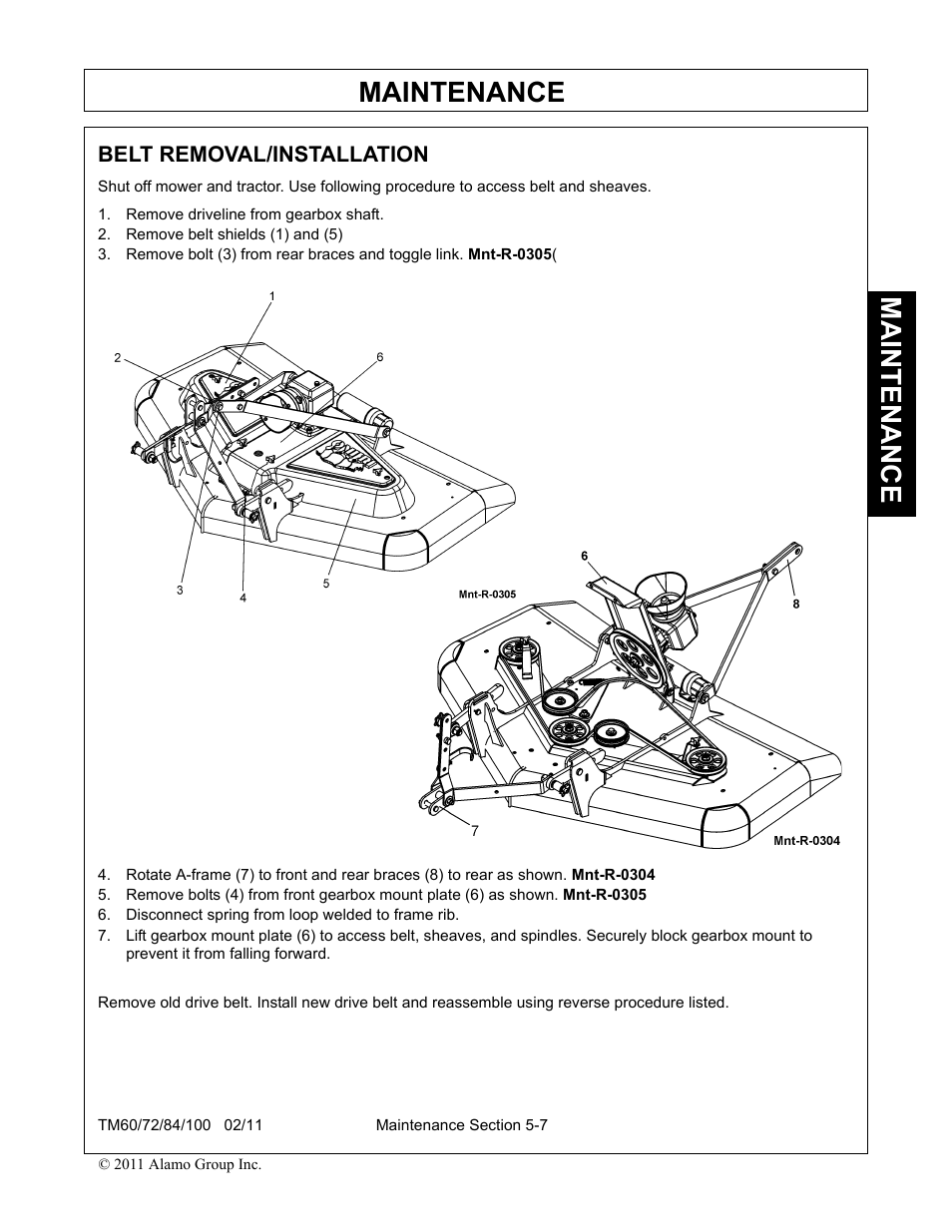 Belt removal/installation, Remove driveline from gearbox shaft, Remove belt shields (1) and (5) | Disconnect spring from loop welded to frame rib, Belt removal/installation -7, Maintenance | Blue Rhino TM72 User Manual | Page 147 / 156