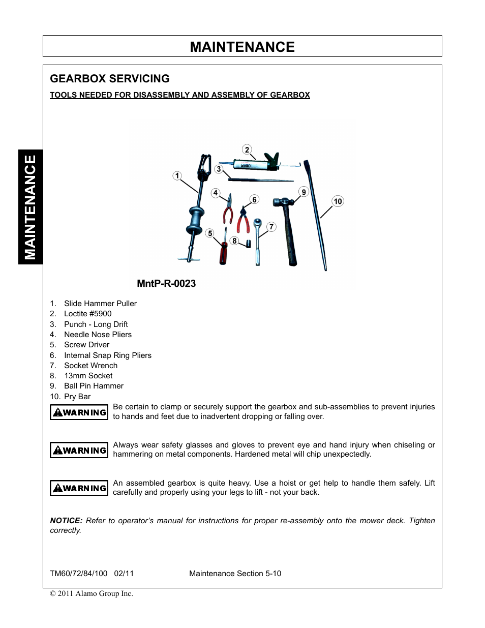 Gearbox servicing, Slide hammer puller, Loctite #5900 | Punch - long drift, Needle nose pliers, Screw driver, Internal snap ring pliers, Socket wrench, 13mm socket, Ball pin hammer | Blue Rhino TM72 User Manual | Page 150 / 156