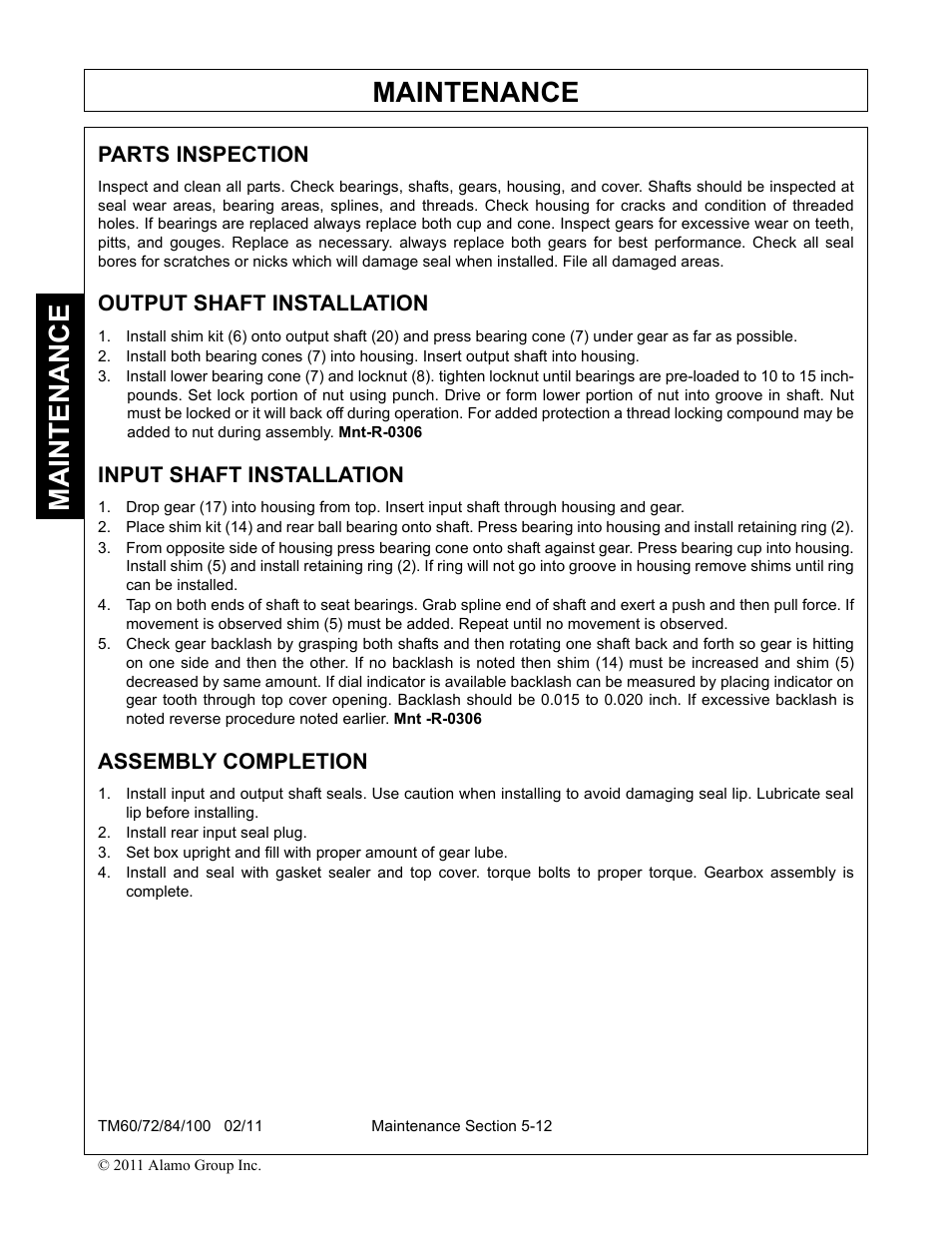 Parts inspection, Output shaft installation, Input shaft installation | Assembly completion, Maintenance | Blue Rhino TM72 User Manual | Page 152 / 156