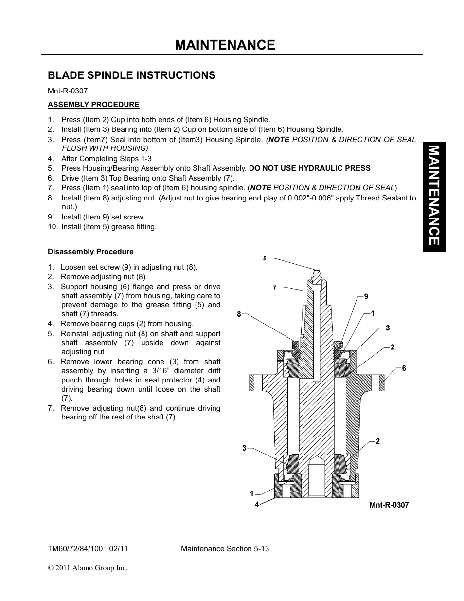Blade spindle instructions, Blade spindle instructions -13, Maintenance | Blue Rhino TM72 User Manual | Page 153 / 156