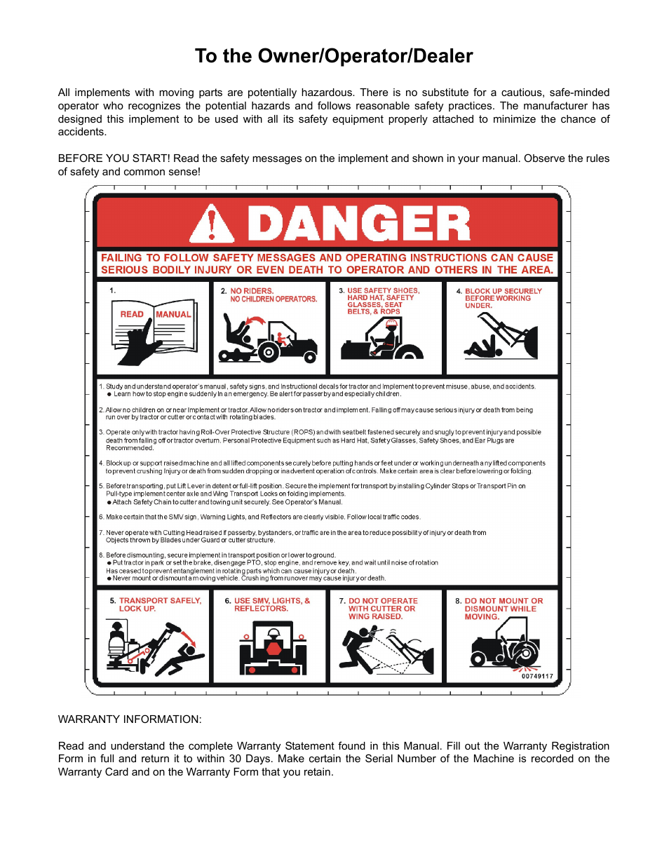 To the owner/operator/dealer | Blue Rhino TM72 User Manual | Page 2 / 156