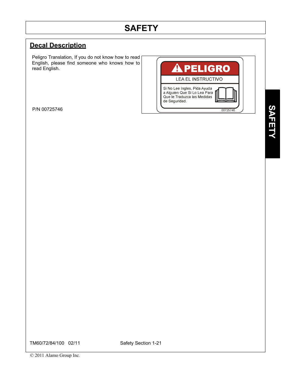 Decal description, Decal description -21, Safety | Blue Rhino TM72 User Manual | Page 27 / 156