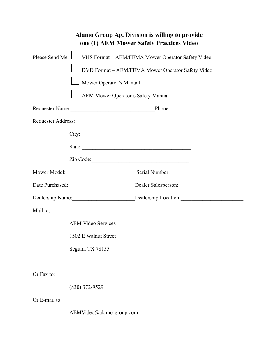Alamo group ag. division is willing to provide, One (1) aem mower safety practices video | Blue Rhino TM72 User Manual | Page 4 / 156