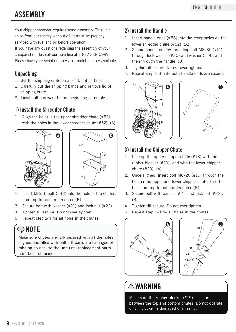 Assembly, Warning, Unpacking | 1) install the shredder chute, 2) install the handle, 3) install the chipper chute | Champion Power Equipment 91050 User Manual | Page 12 / 34