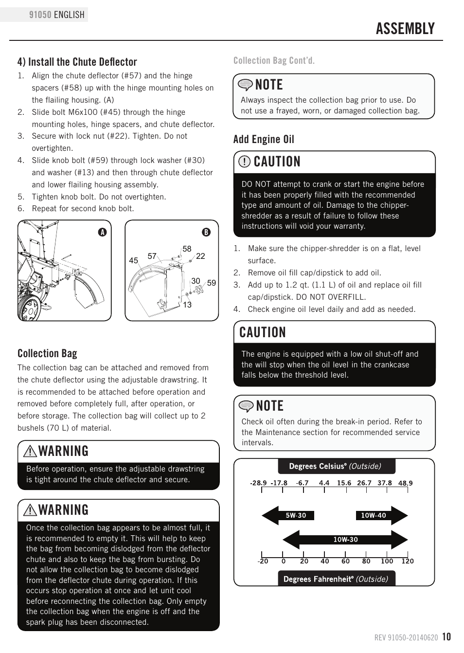 Assembly, Warning, Caution | 4) install the chute deflector, Collection bag, Add engine oil | Champion Power Equipment 91050 User Manual | Page 13 / 34