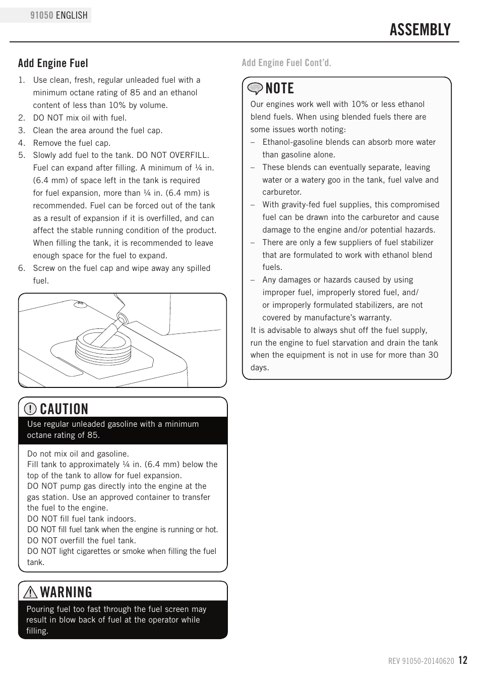 Assembly, Caution, Warning | Add engine fuel | Champion Power Equipment 91050 User Manual | Page 15 / 34