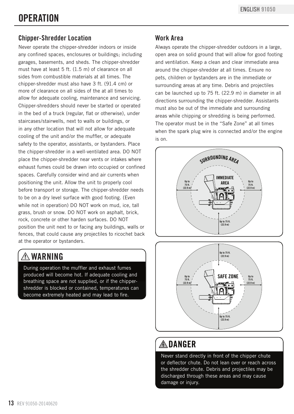 Operation, Warning, Danger | Chipper-shredder location, Work area | Champion Power Equipment 91050 User Manual | Page 16 / 34