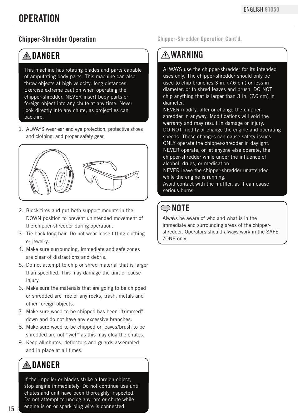 Operation, Danger, Warning | Chipper-shredder operation | Champion Power Equipment 91050 User Manual | Page 18 / 34