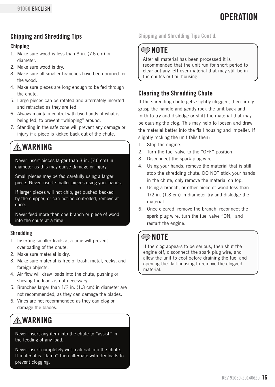 Operation, Warning, Clearing the shredding chute | Chipping and shredding tips | Champion Power Equipment 91050 User Manual | Page 19 / 34