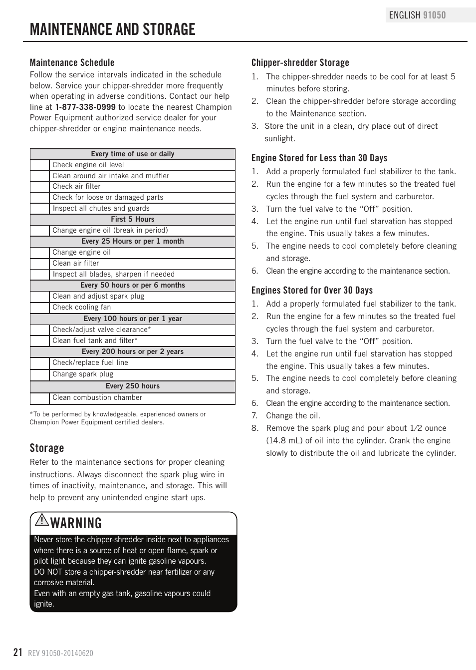 Maintenance and storage, Warning, Storage | Champion Power Equipment 91050 User Manual | Page 24 / 34