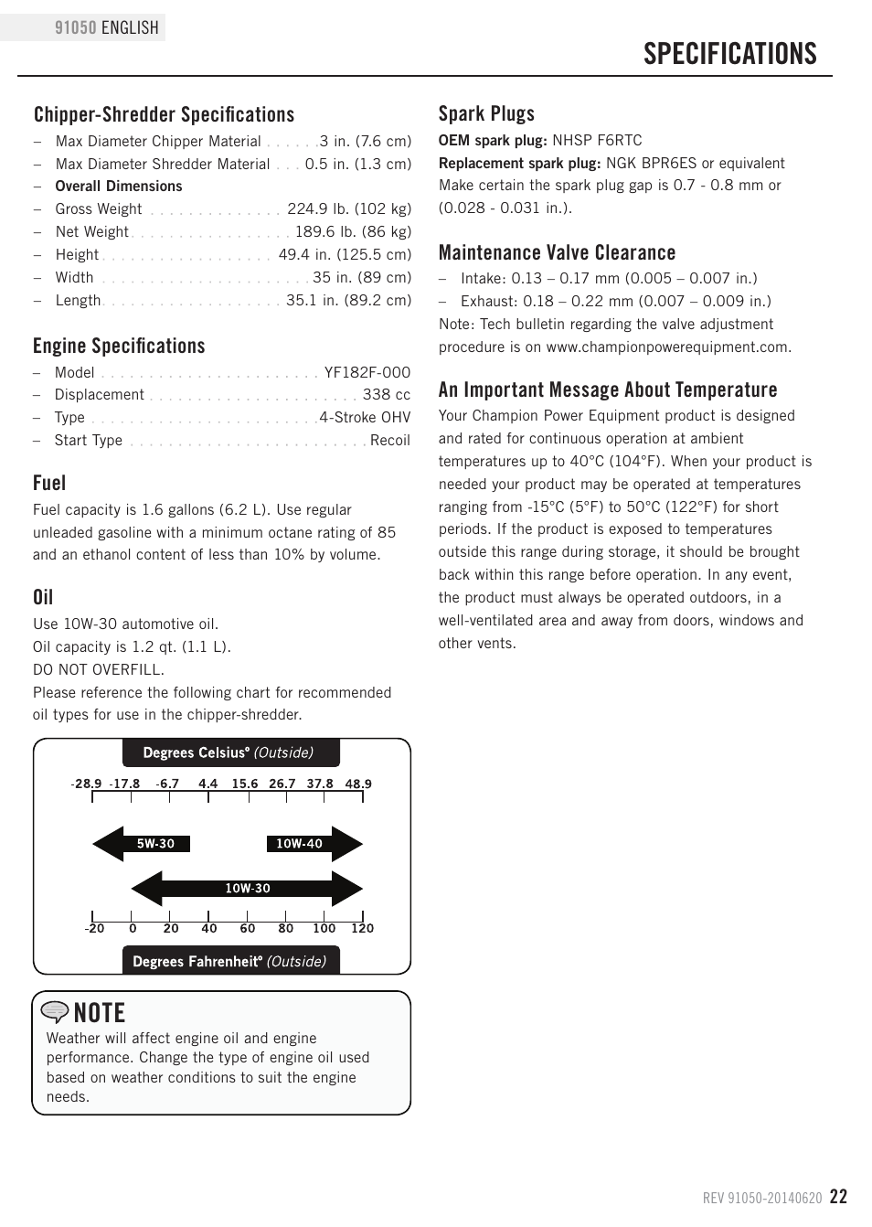 Specifications, Chipper-shredder specifications, Engine specifications | Spark plugs, Fuel, Maintenance valve clearance, An important message about temperature | Champion Power Equipment 91050 User Manual | Page 25 / 34