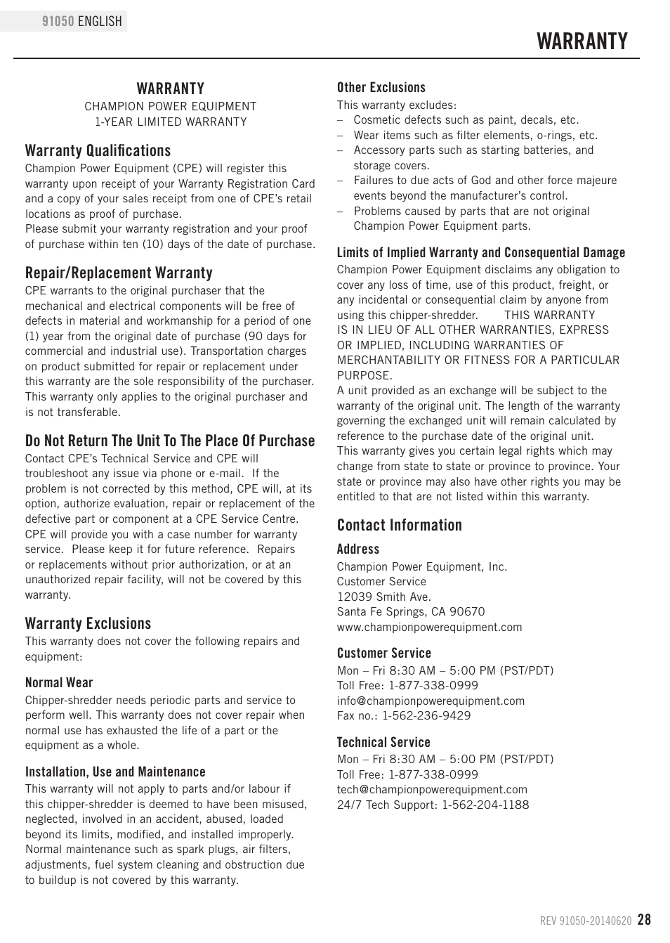 Warranty, Warranty qualifications, Repair/replacement warranty | Do not return the unit to the place of purchase, Warranty exclusions, Contact information | Champion Power Equipment 91050 User Manual | Page 31 / 34