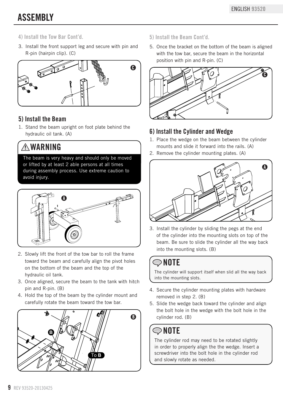 Assembly, Warning, 5) install the beam | 6) install the cylinder and wedge | Champion Power Equipment 93520 User Manual | Page 12 / 33