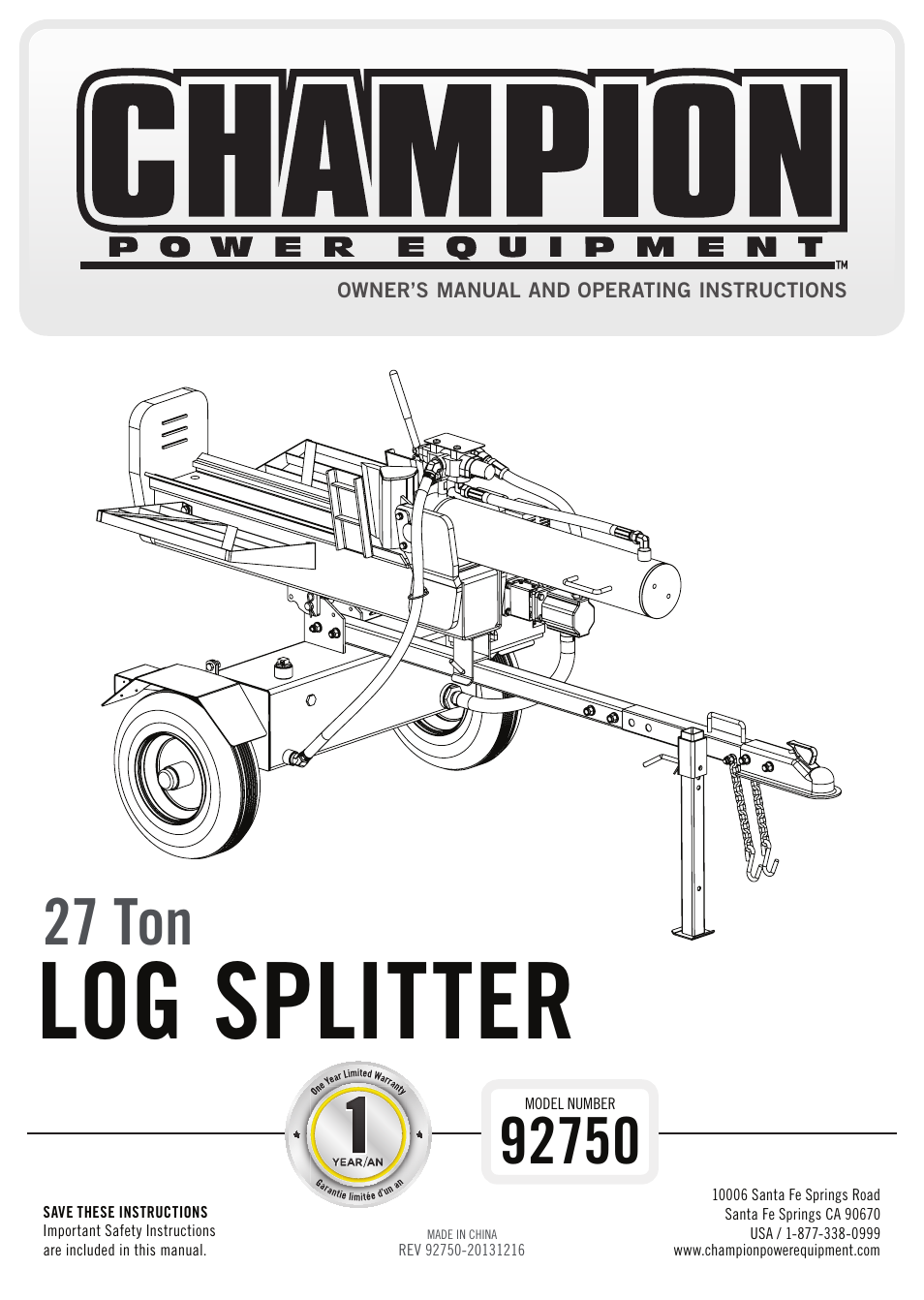 Champion Power Equipment 92750 User Manual | 29 pages