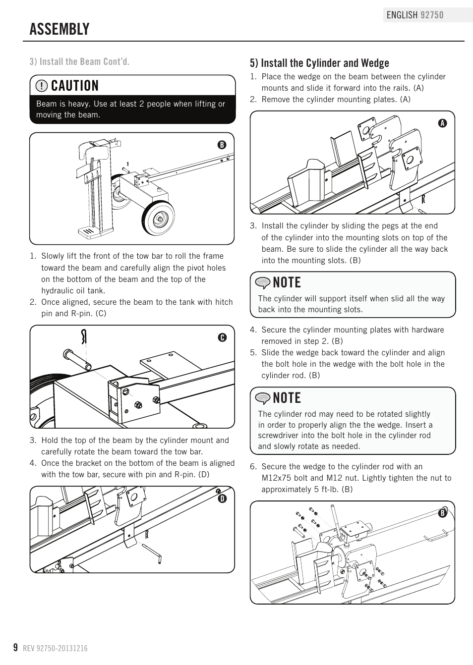 Assembly, Caution, 5) install the cylinder and wedge | Champion Power Equipment 92750 User Manual | Page 12 / 29